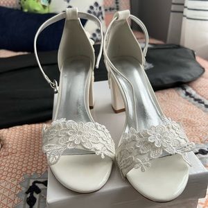 White lacy block heels